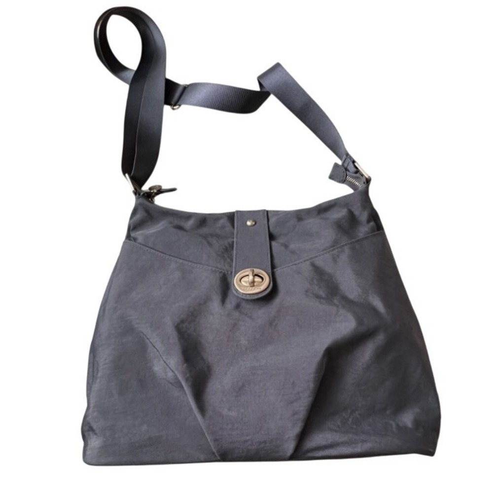 Baggallini‎ Charcoal Gray Nylon Crossbody Hobo Bag Pink Lining Travel Purse